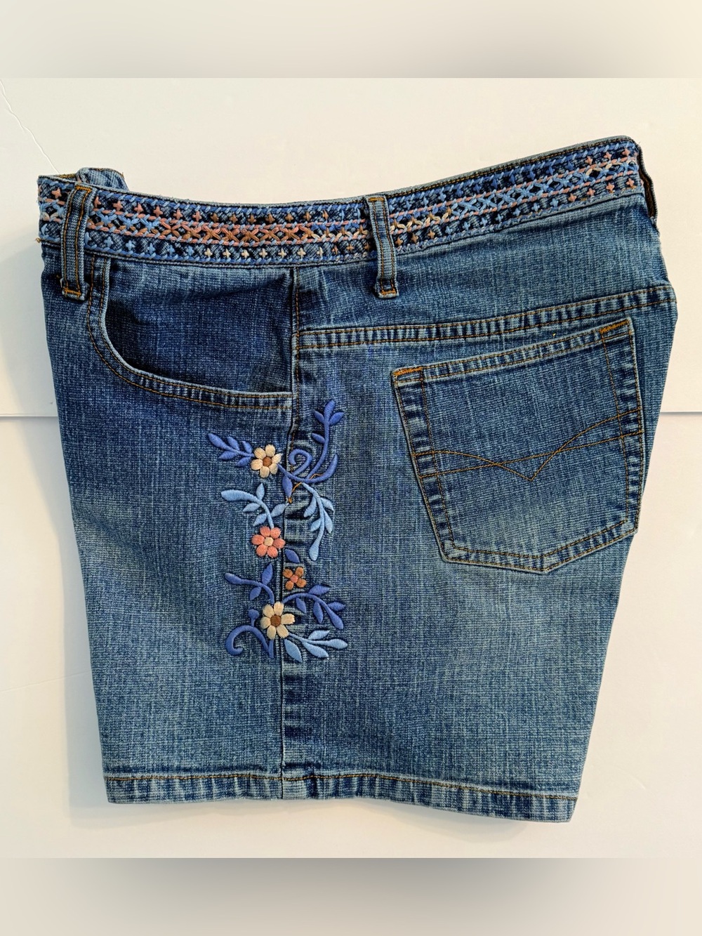 Route 66 Embroidered Blue Denim Juniors Jeans Short